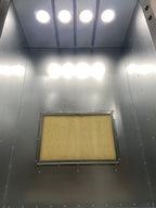 Inside the 6x4x2 spray booth: filter frame and recessed ceiling lights