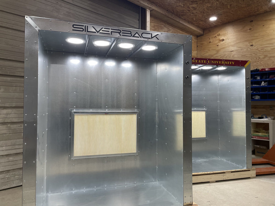 Spray booths with bright recessed lighting