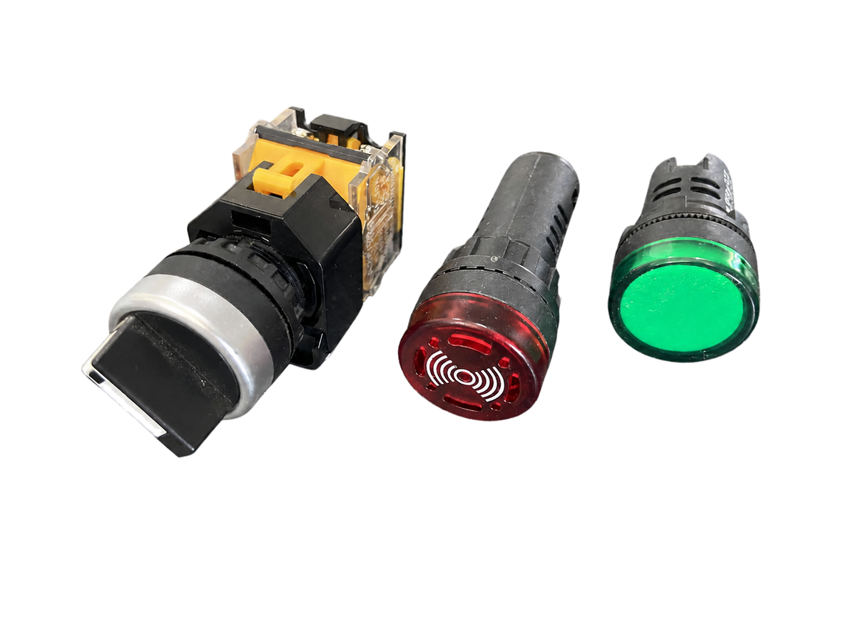 On/off switch, alarm buzzer, and green indicator light