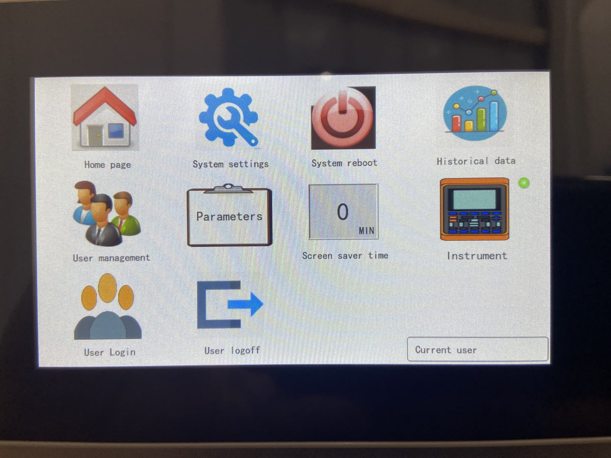 Touchscreen settings menu with system settings, parameters, and historical data